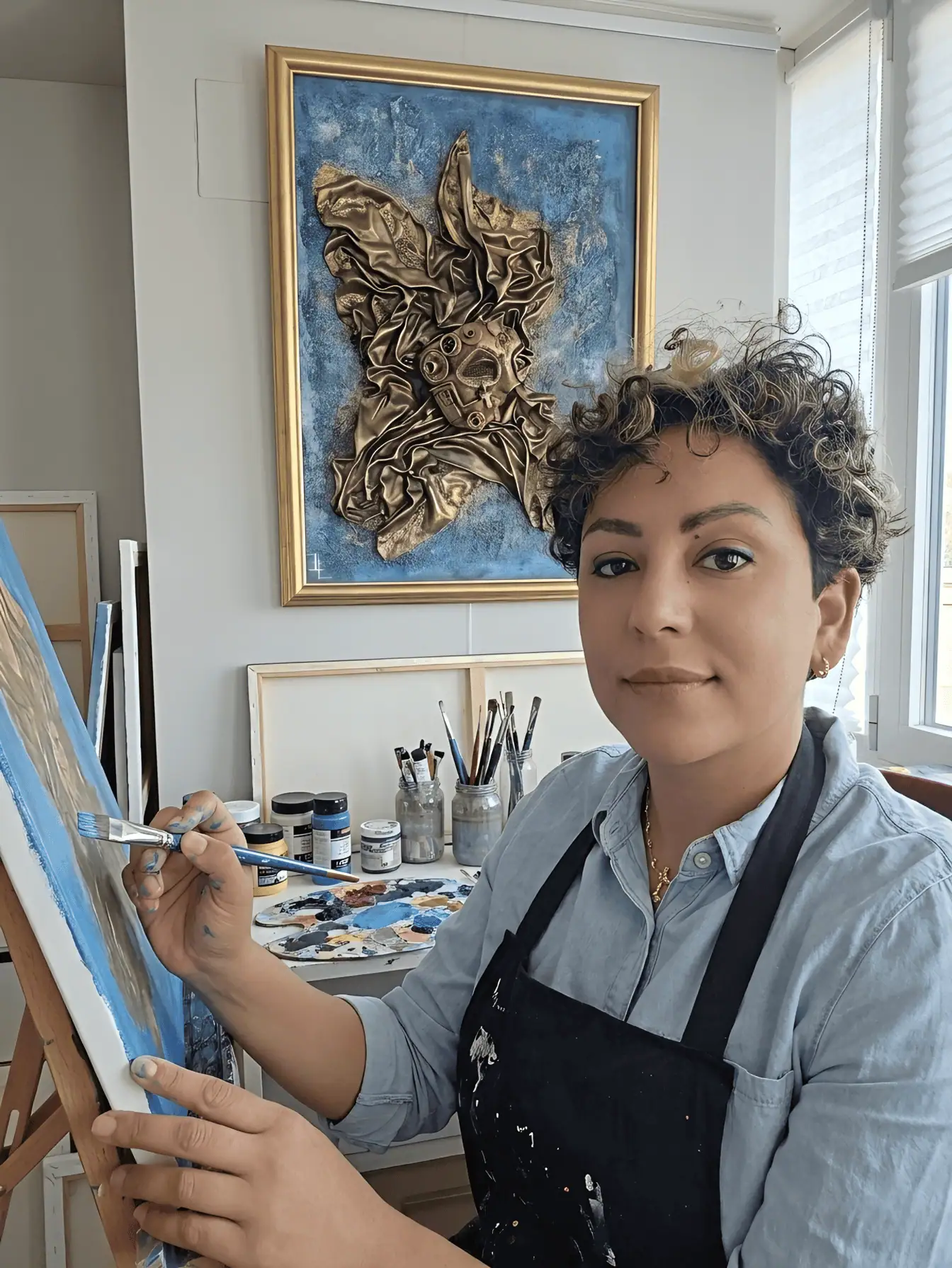 Madeleine Selman pintando en su estudio